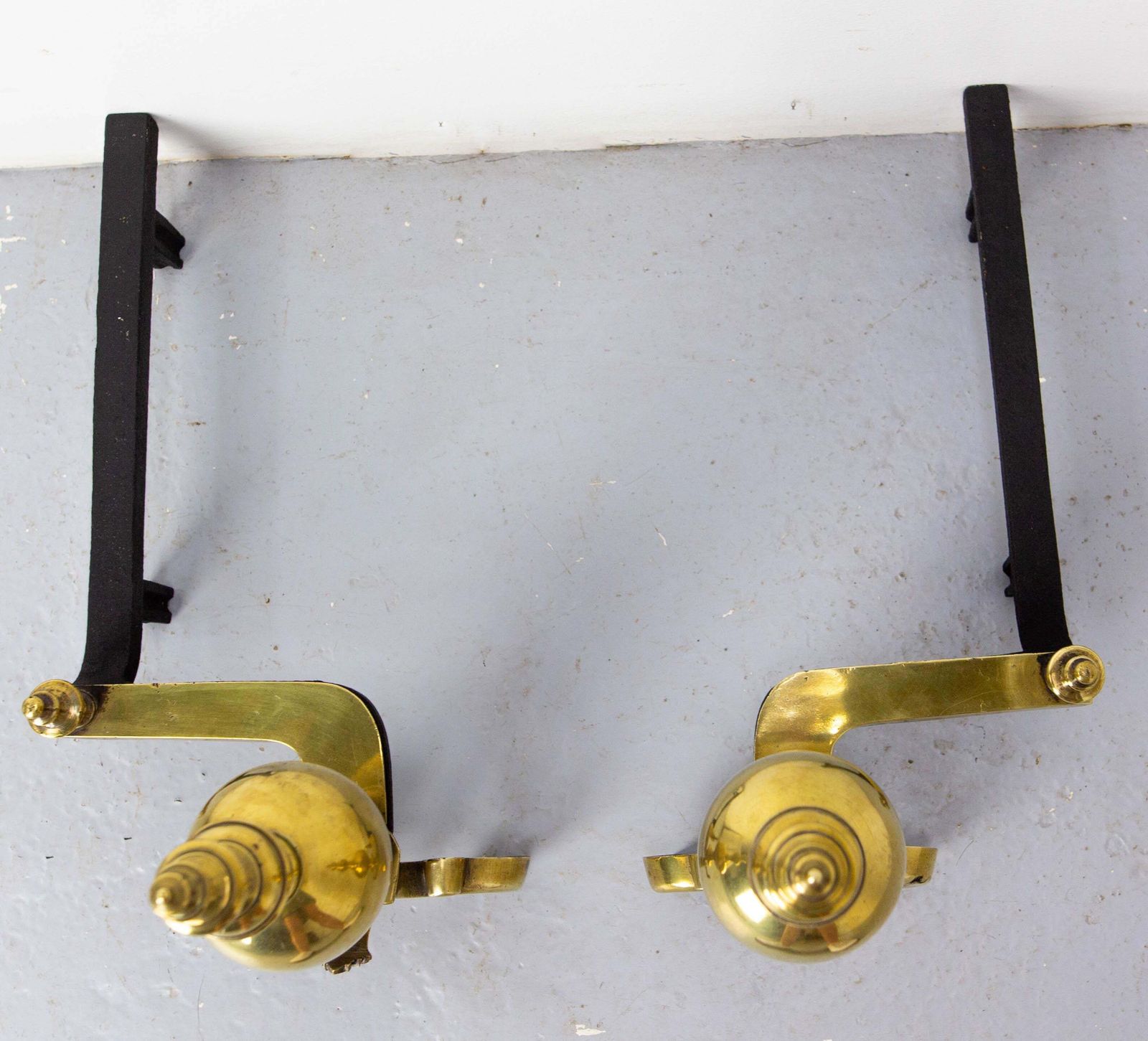 Pair Of Brass And Wrought Iron Andirons, France, 18th Century photo vintage