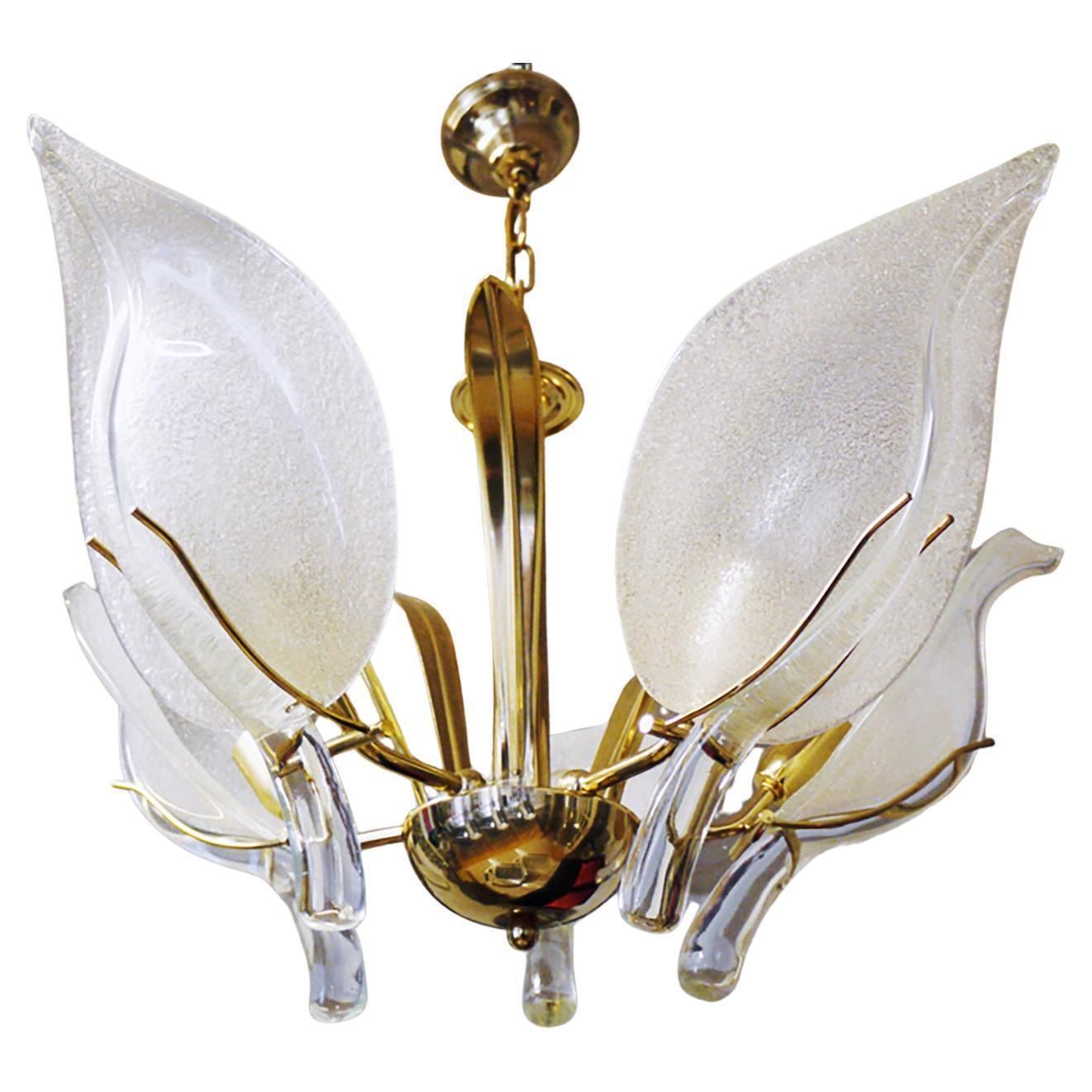 Mid Century Italian Murano Leaf Chandelier Glass & Brass By Archimede Seguso