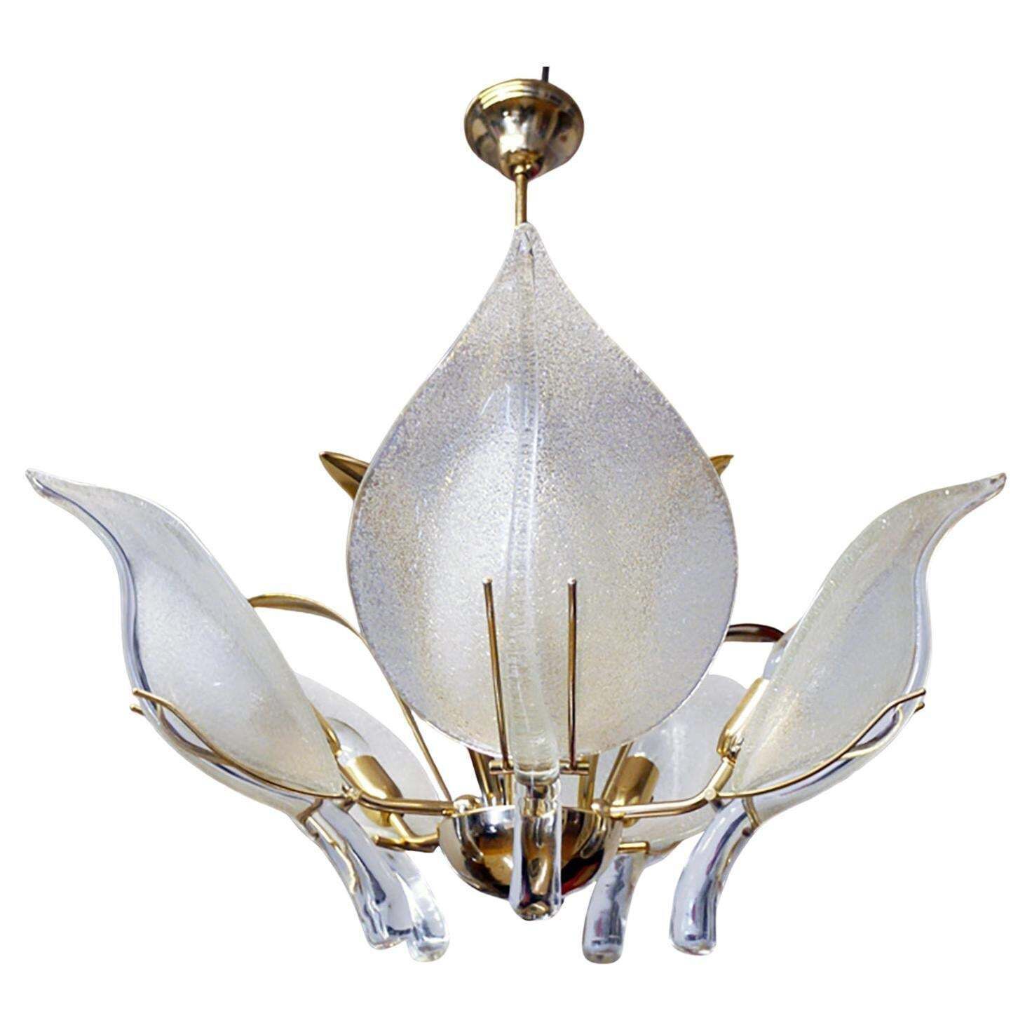 Mid Century Italian Murano Leaf Chandelier Glass & Brass By Archimede Seguso photo furniture