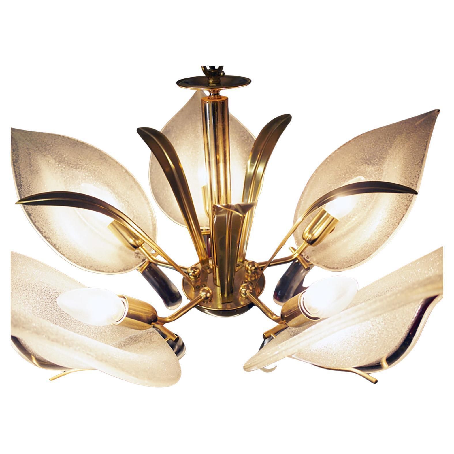Mid Century Italian Murano Leaf Chandelier Glass & Brass By Archimede Seguso photo buy