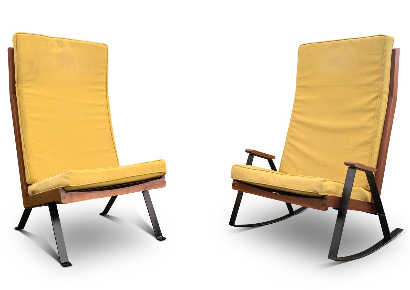 A Rare Pair Of Mid Century Teak & Ebonised Steel Shell Chairs With Upholstered Cushions In The Style Of The Designs Of Gerrit Rietveld & Joseph Andre photo Furniture