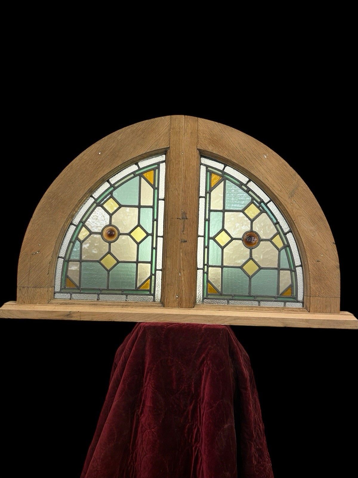 Antique Stained Glass Window Panel Solid Oak Reclaimed Period Old Arched Leaded