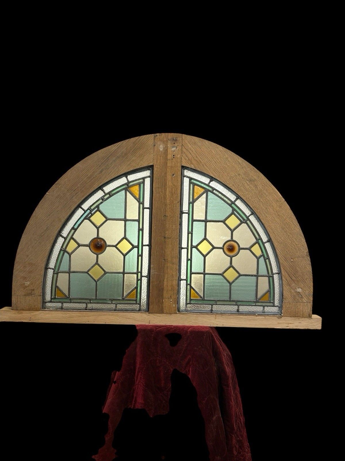 Antique Stained Glass Window Panel Solid Oak Reclaimed Period Old Arched Leaded photo buy