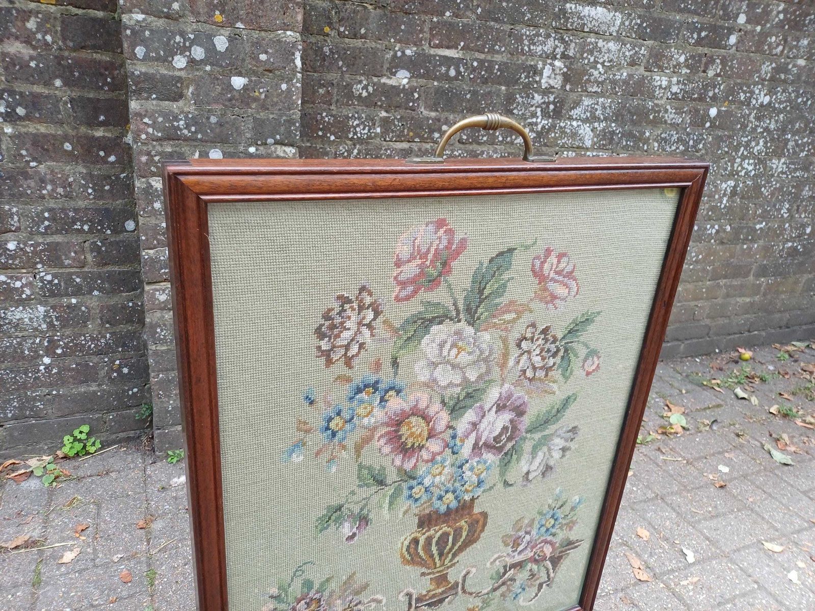 Massive Antique Victorian Mahogany Pole Fire Screen With Floral Needlepoint Panel – Still Life Embroidery Sturdy Vgc photo for sale