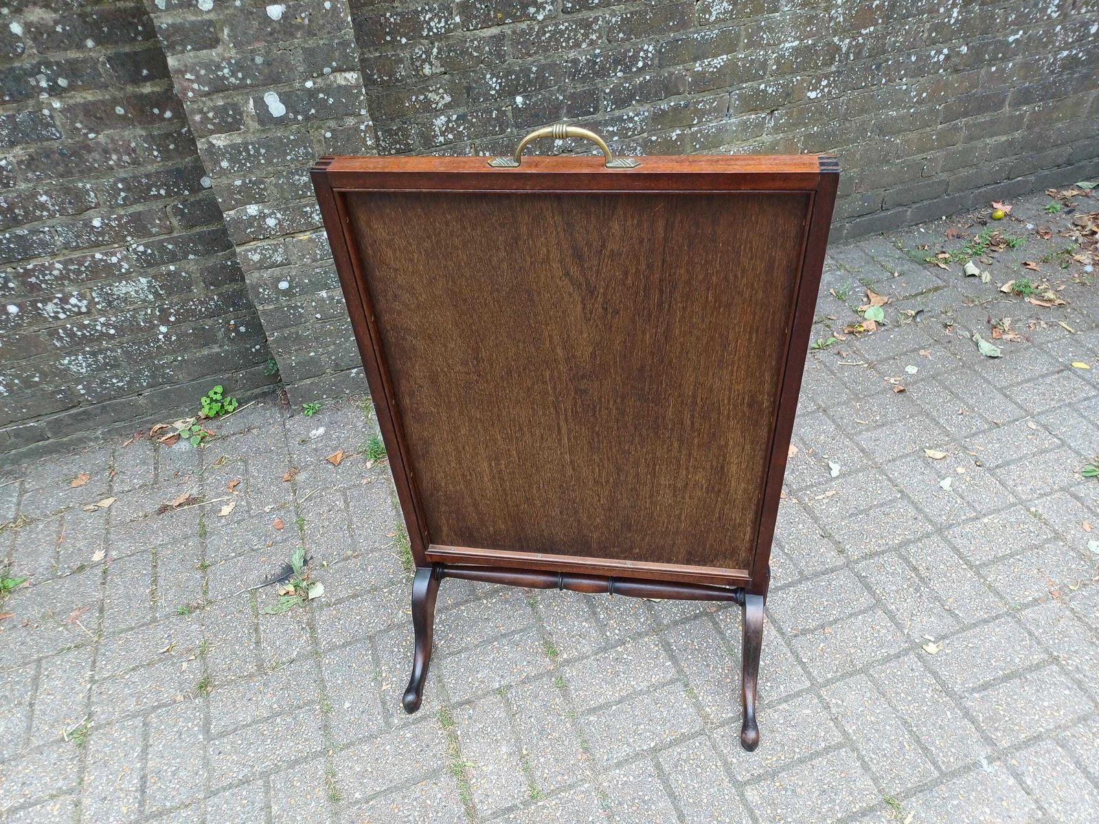 photo for sale Massive Antique Victorian Mahogany Pole Fire Screen With Floral Needlepoint Panel – Still Life Embroidery Sturdy Vgc