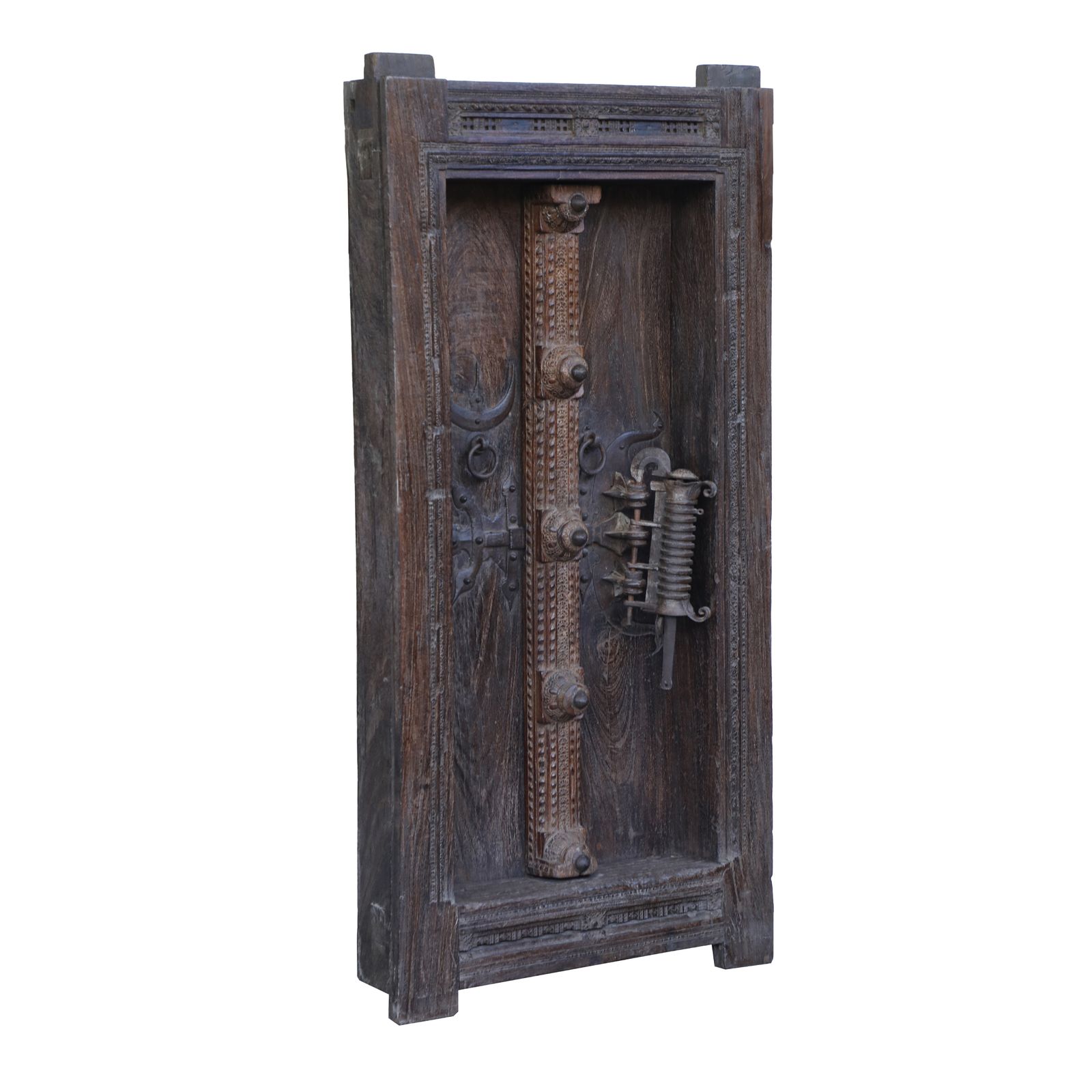 Antique 17th Century South Indian Door With Manichitrathazhu Lock – Hand Carved Sheesham Wood Entryway With Frame & Original Iron Fittings