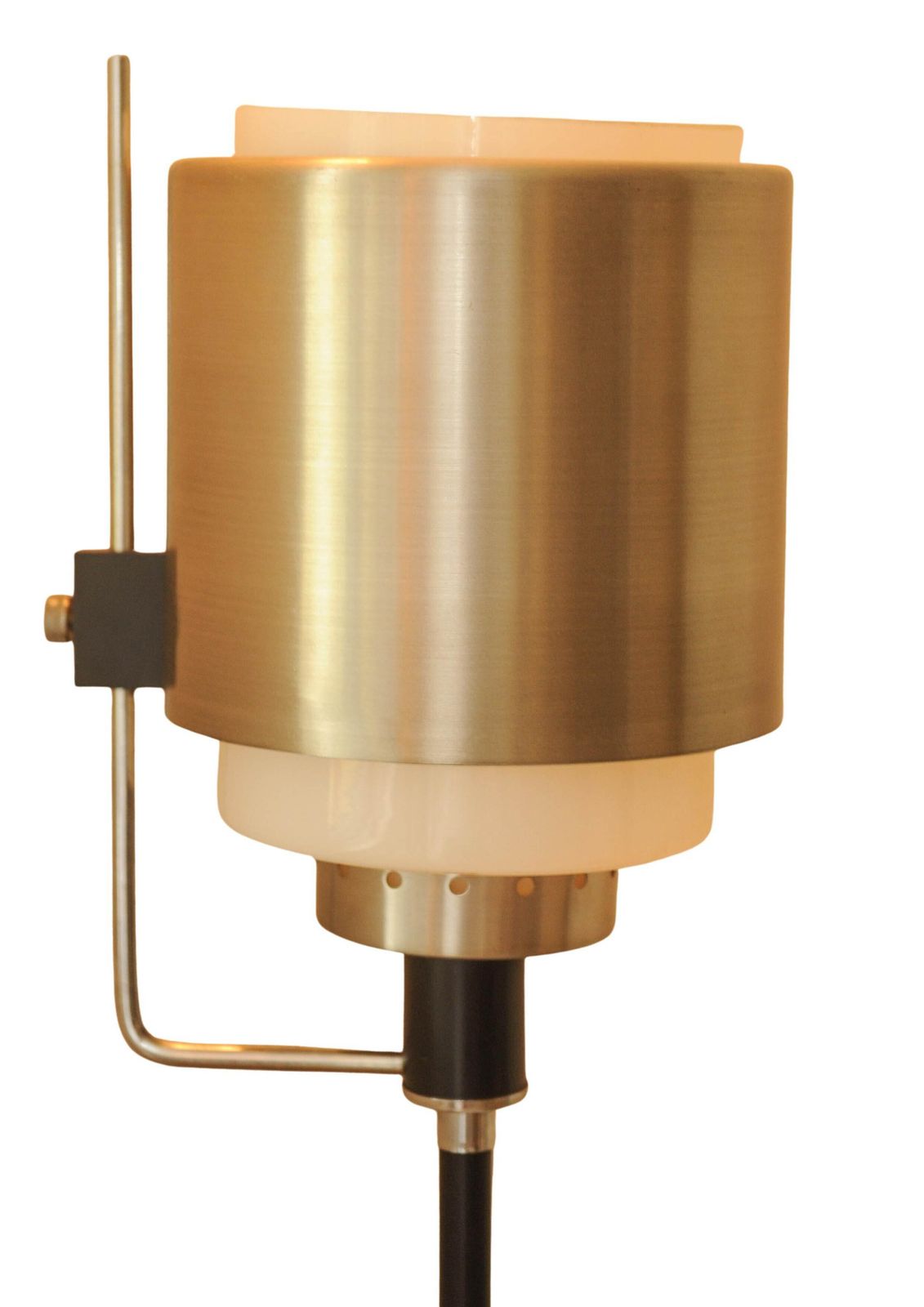An Innovative Designed Brushed Aluminium & Steel Floor Lamp With A Cylindrical Milk Glass Shade. Perfect For A Lounge Or Office Setting photo furniture