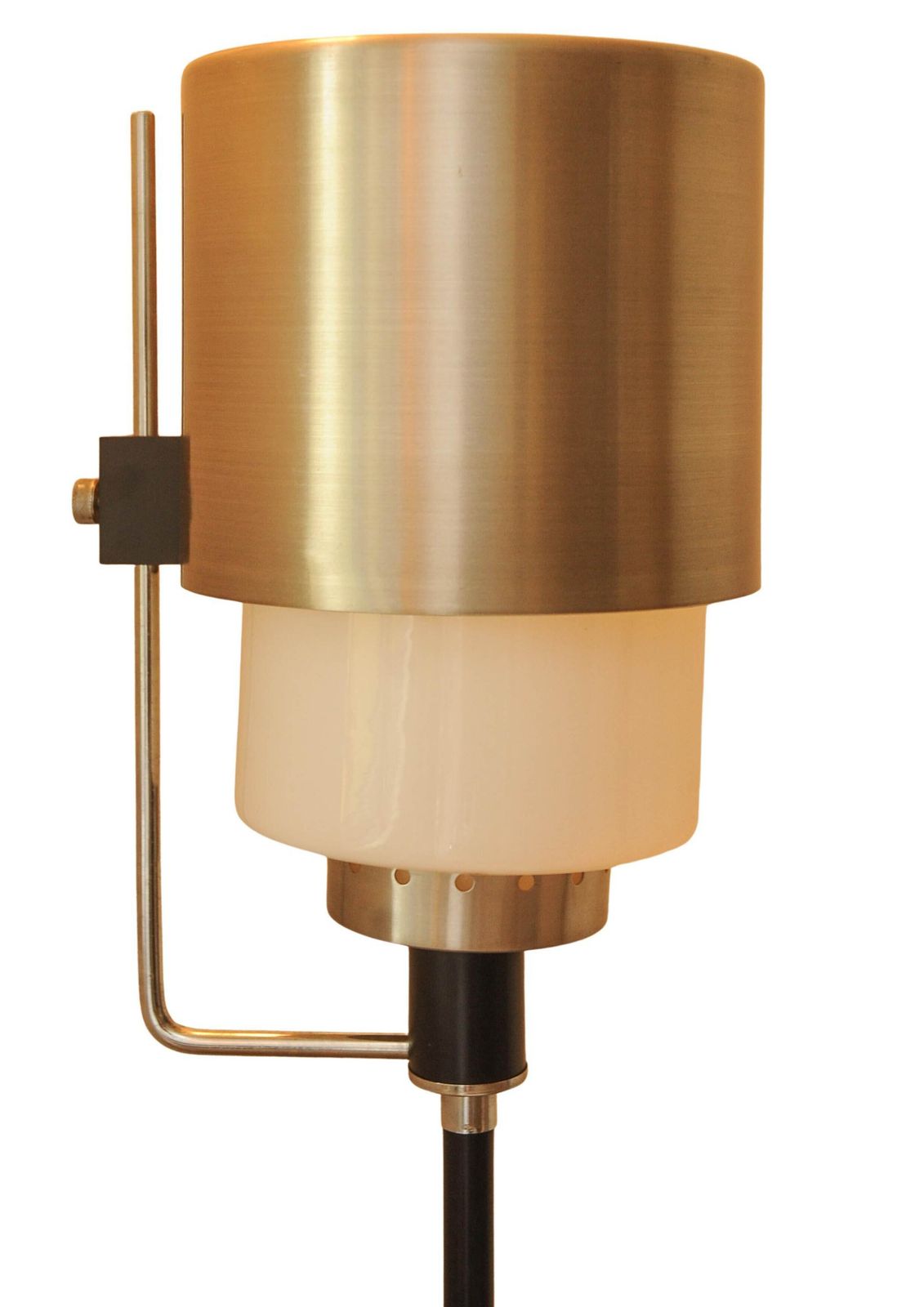 An Innovative Designed Brushed Aluminium & Steel Floor Lamp With A Cylindrical Milk Glass Shade. Perfect For A Lounge Or Office Setting photo Lighting