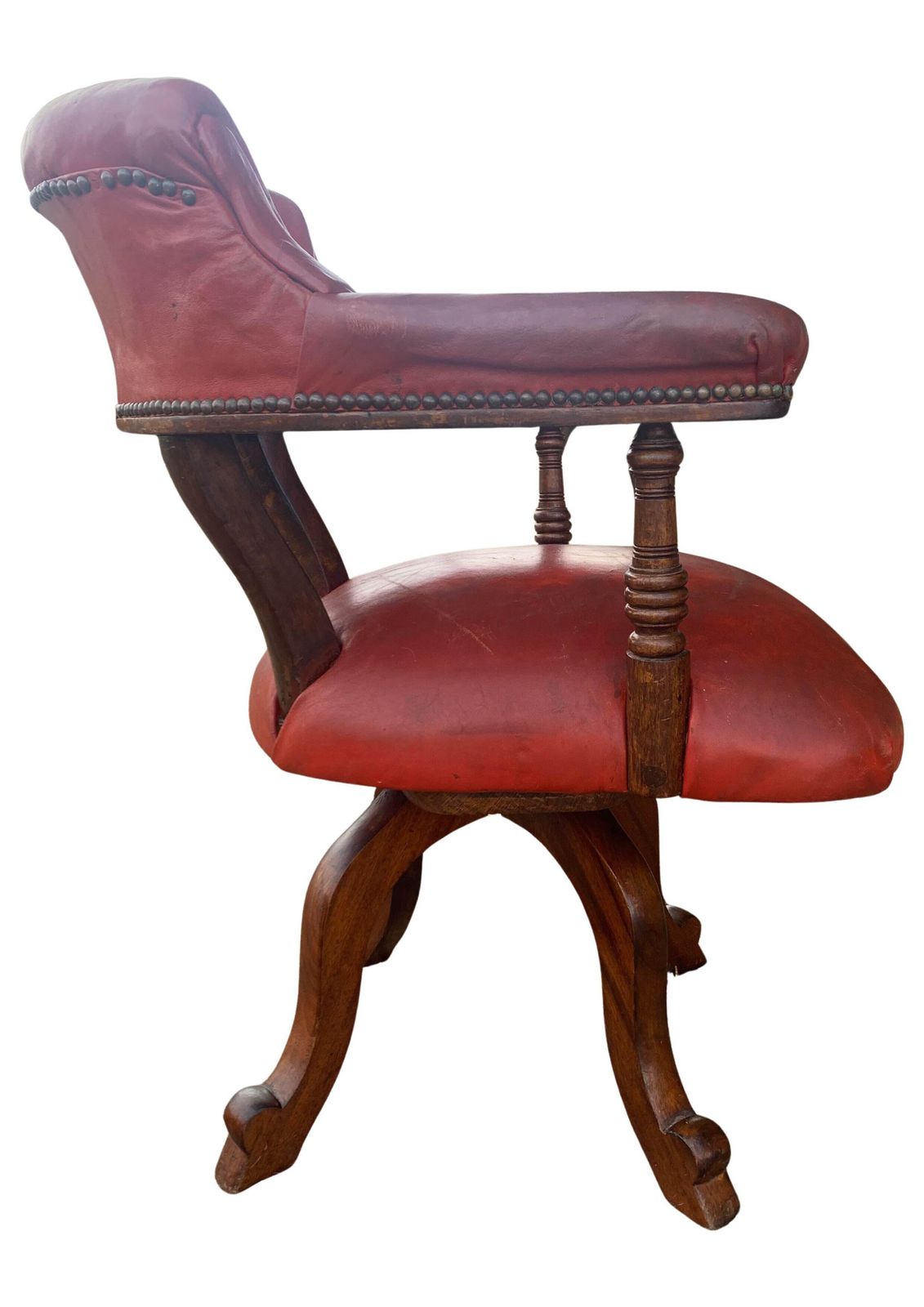 Victorian Mahogany & Red Leather Ecclesiastical Button Back Revolving Desk Chair With Stud Detailing & Iron Swivel Base photo 2450.0
