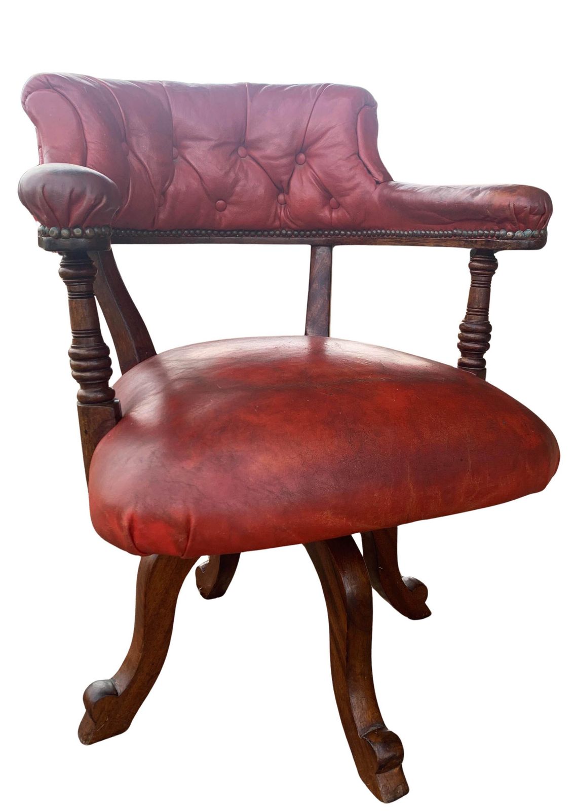 photo for sale Victorian Mahogany & Red Leather Ecclesiastical Button Back Revolving Desk Chair With Stud Detailing & Iron Swivel Base