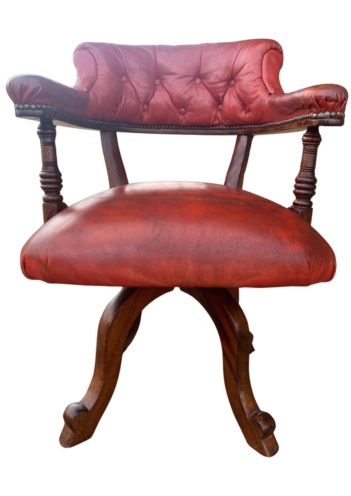 Victorian Mahogany & Red Leather Ecclesiastical Button Back Revolving Desk Chair With Stud Detailing & Iron Swivel Base