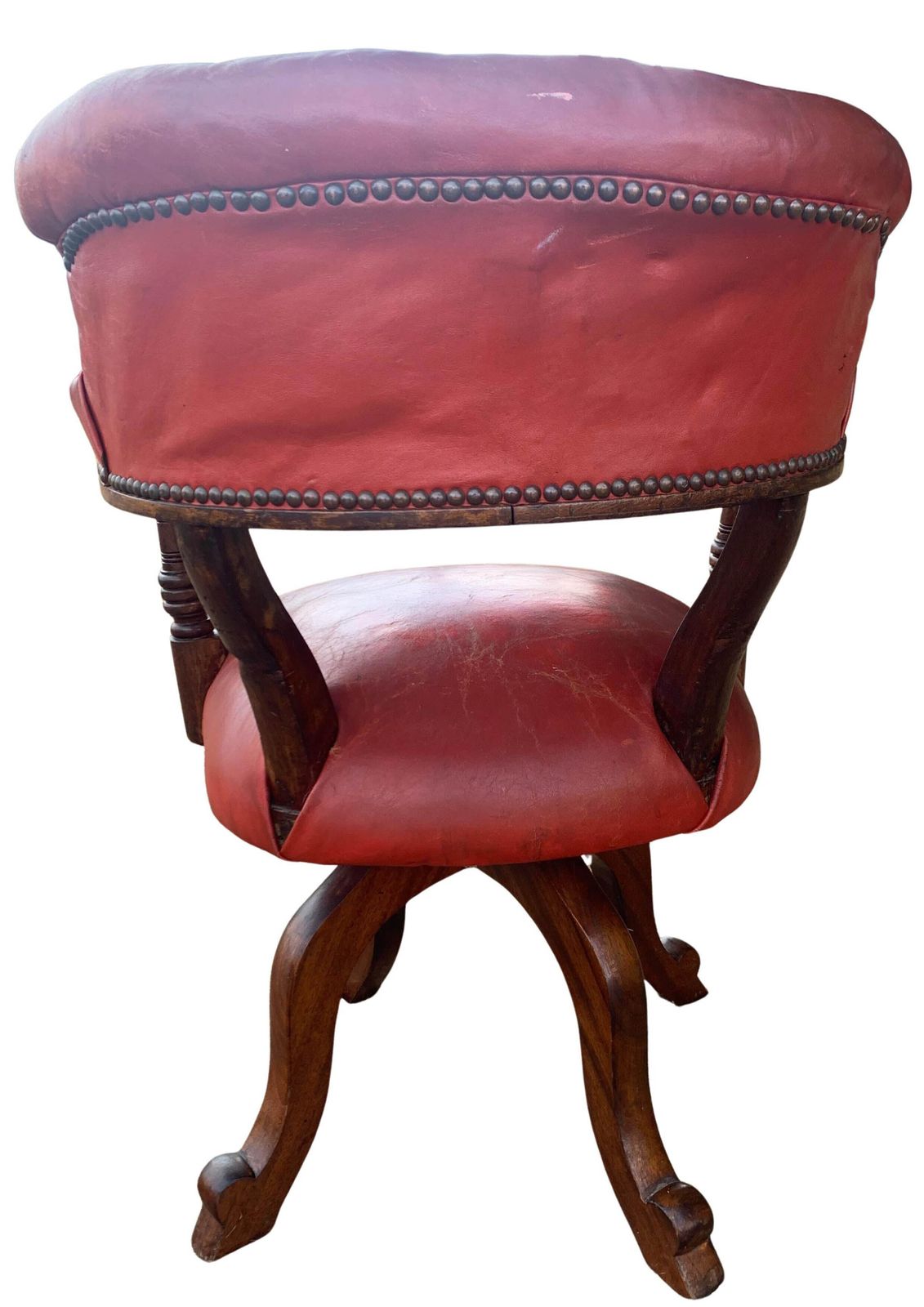 Victorian Mahogany & Red Leather Ecclesiastical Button Back Revolving Desk Chair With Stud Detailing & Iron Swivel Base photo vinterior