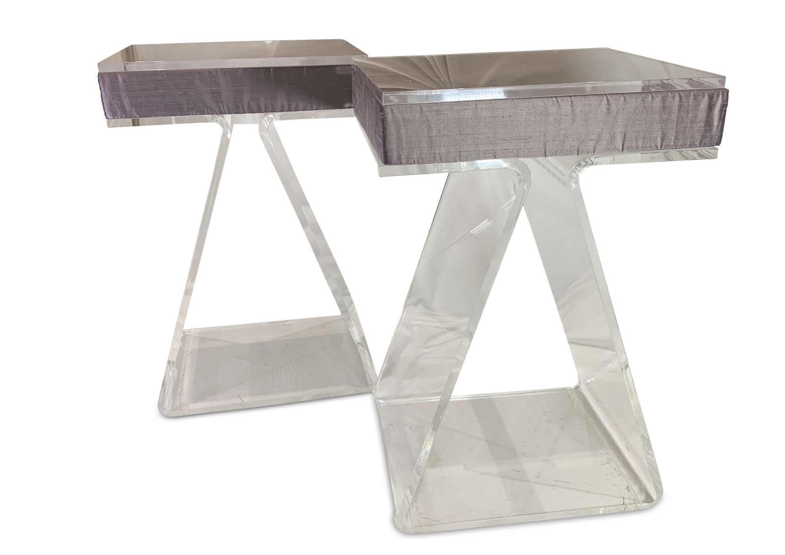 A Bespoke Pair Of Lucite Bedroom Pedestal Tables Each Fitted With A Shot Silk Purple Interior   In The Style Of The Lucite Z Table By John Mascheroni photo furniture