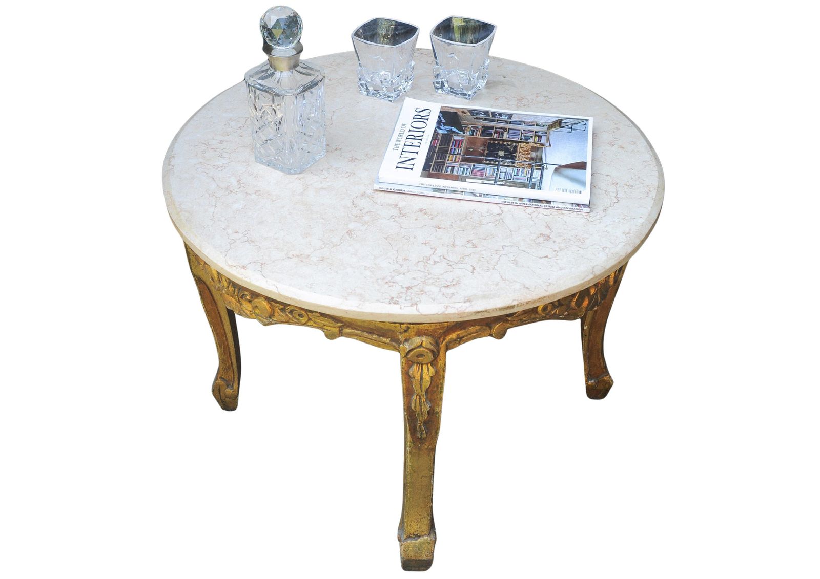 French 19th Century Giltwood & Veined Marble Topped Circular Salon Table In The Baroque Revival Style