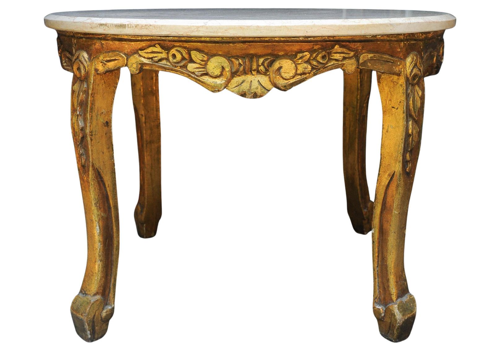 photo for sale French 19th Century Giltwood & Veined Marble Topped Circular Salon Table In The Baroque Revival Style