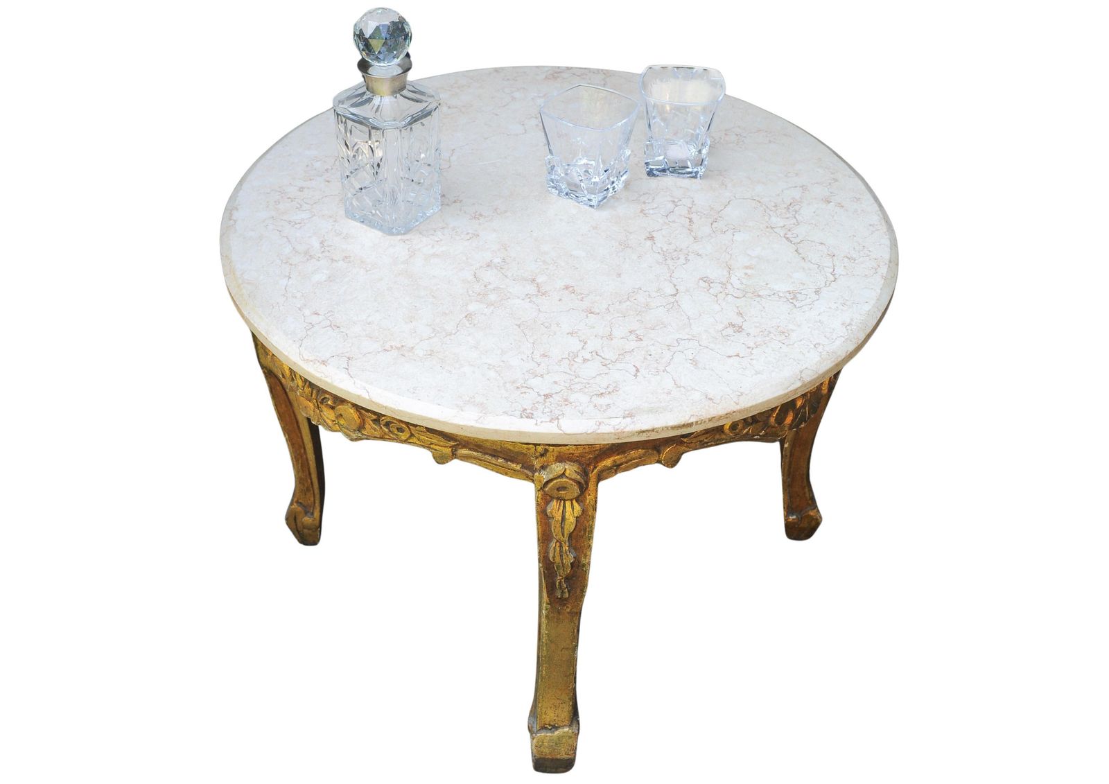 French 19th Century Giltwood & Veined Marble Topped Circular Salon Table In The Baroque Revival Style photo Furniture
