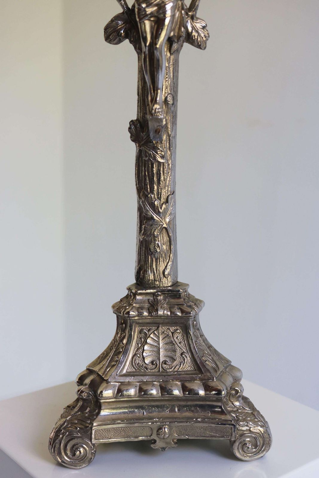 Antique Standing Spelter Altar Crucifix Cross– Foliage & Scroll Base Silver Colored French Ca. 1920s photo Home Decor