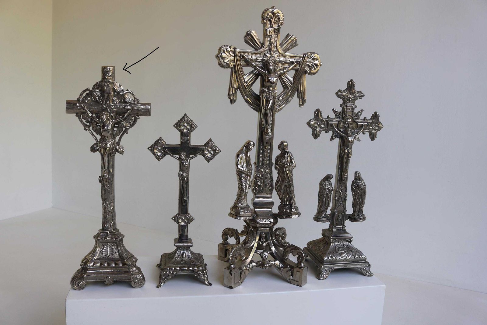 photo for sale Antique Standing Spelter Altar Crucifix Cross– Foliage & Scroll Base Silver Colored French Ca. 1920s