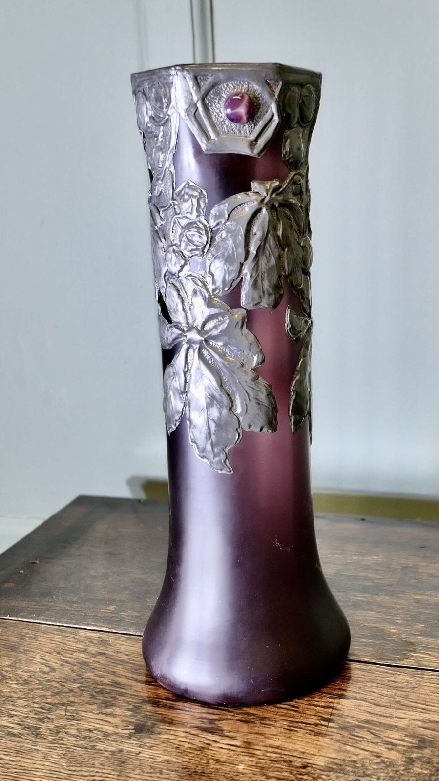 French Art Nouveau Amethyst Vase With Pewter Overlay photo furniture