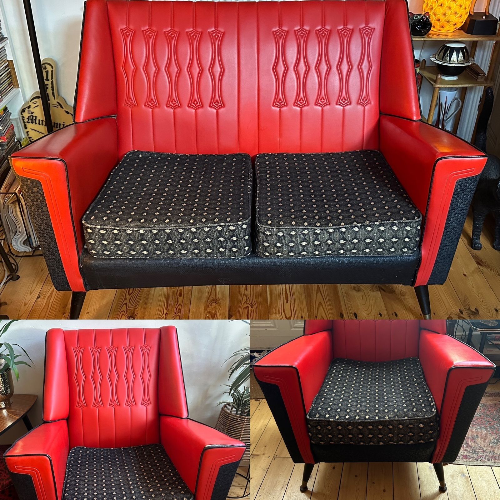 Vintage Mid Century Red & Black Vinyl Sofa & 2 Chairs 3 Piece Suite 1960s Mcm