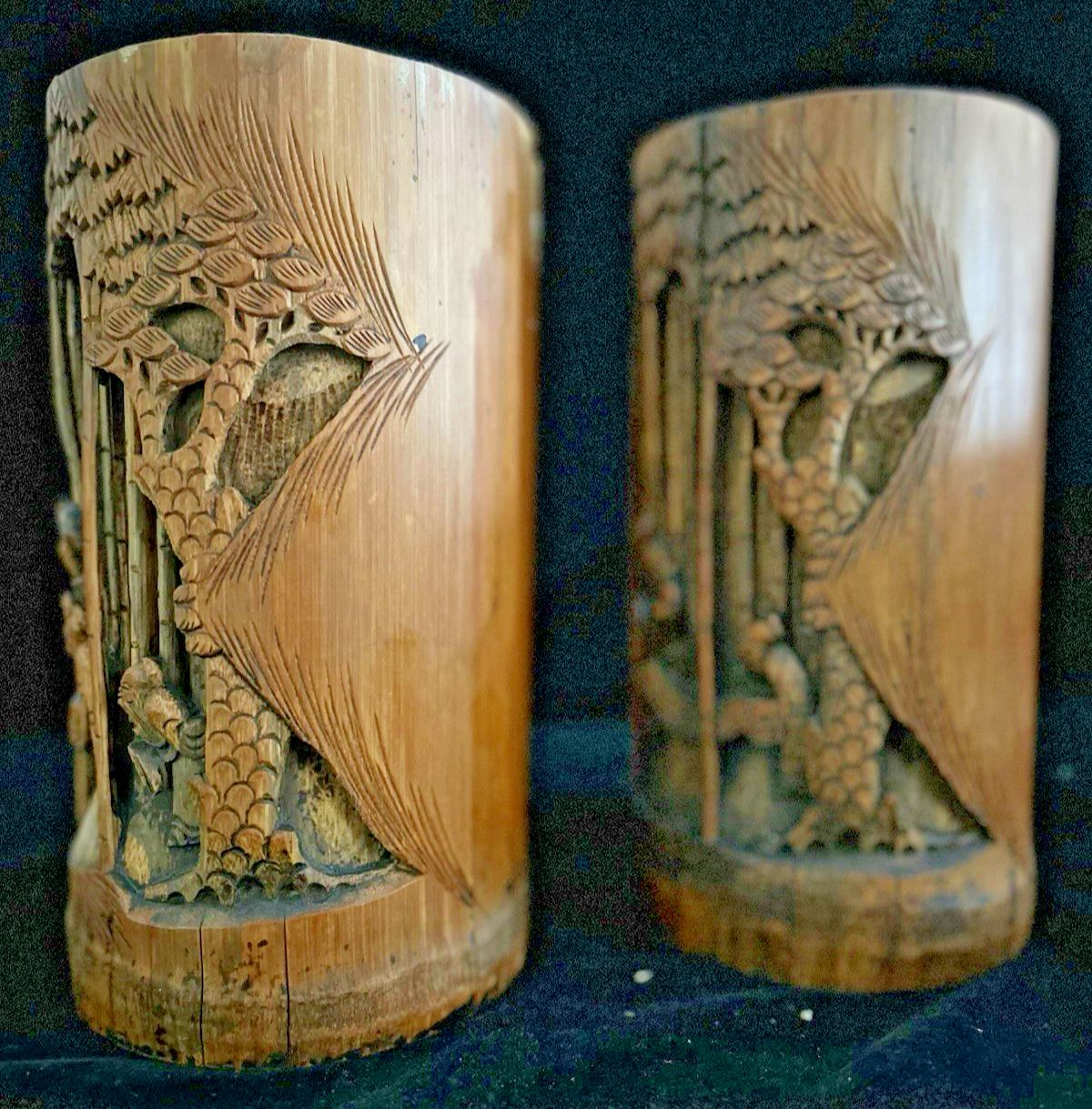 photo furniture A Pair Large  Antique Carved Bamboo Chinese Brush Pots