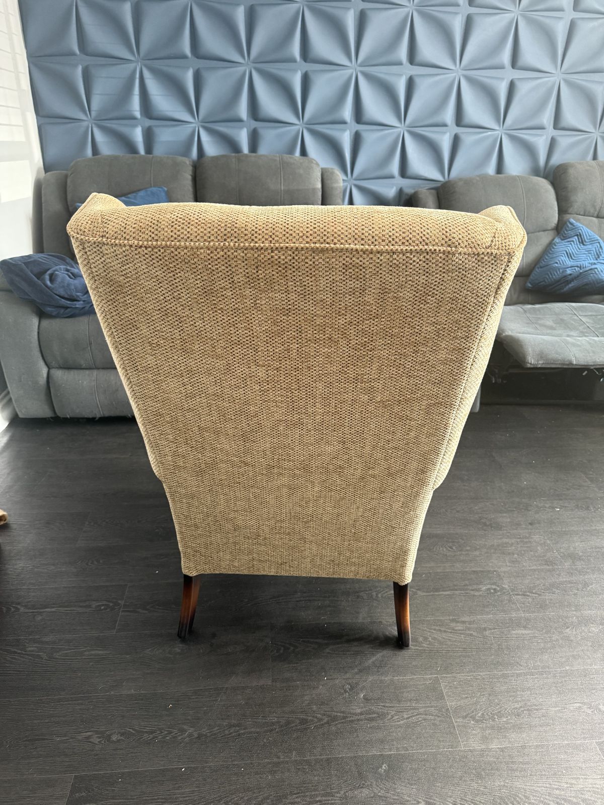 Hartley Wing Chair In Baslow Plain Gold, Legs In Antique Walnut, Seat Interior In Foam photo furniture