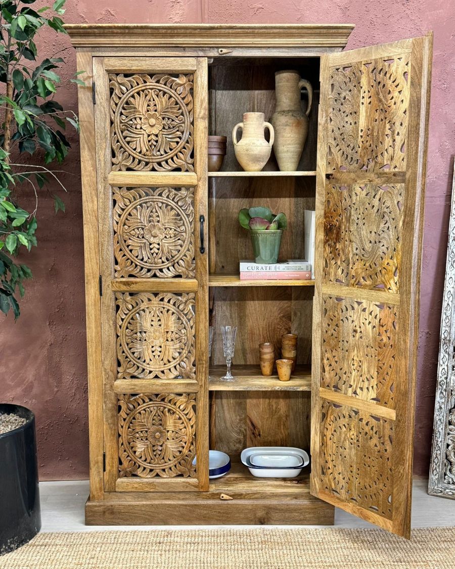 Hand Carved Mango Wood Armoire With Circular Floral Design – Natural Finish photo furniture