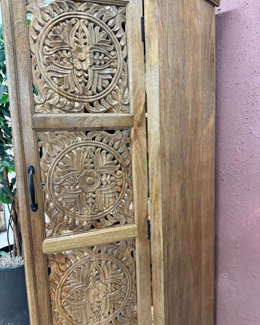 Hand Carved Mango Wood Armoire With Circular Floral Design – Natural Finish photo Furniture