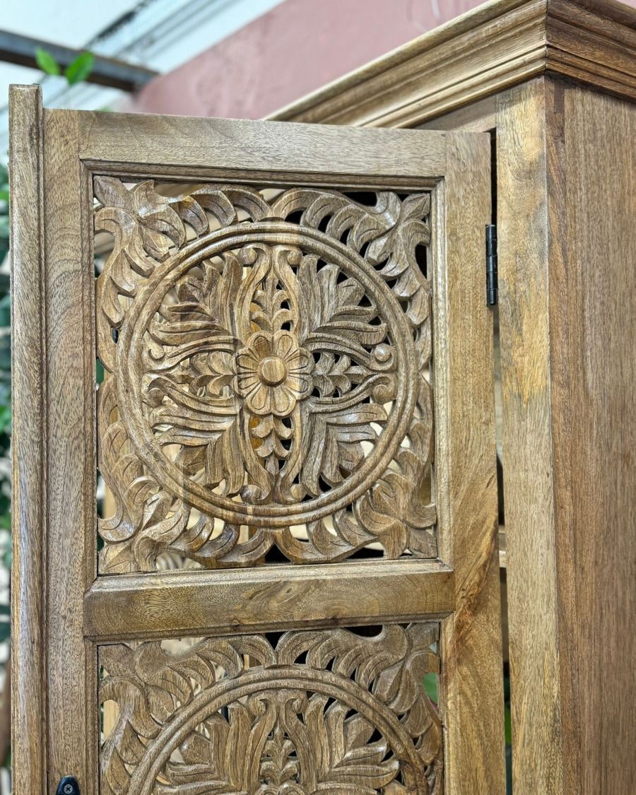 Hand Carved Mango Wood Armoire With Circular Floral Design – Natural Finish photo 925.0