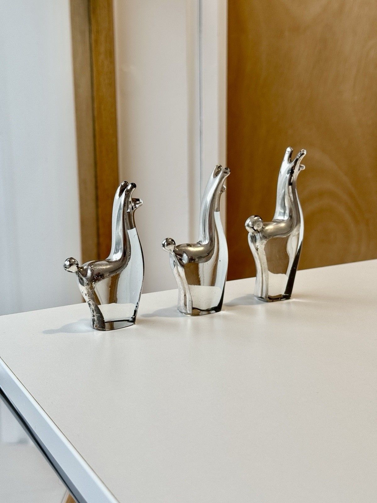 Set Of 3 Seclen Artesanos Peru Art Blown Glass Llama Figurines W/ Silver Overlay photo buy