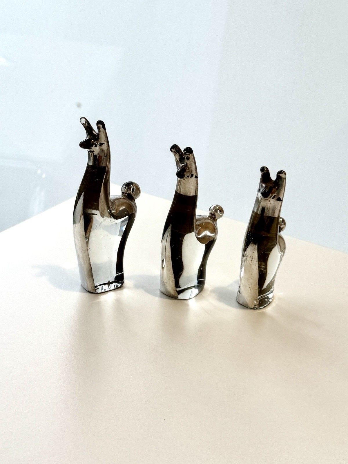 Art Set Of 3 Seclen Artesanos Peru Art Blown Glass Llama Figurines W/ Silver Overlay photo
