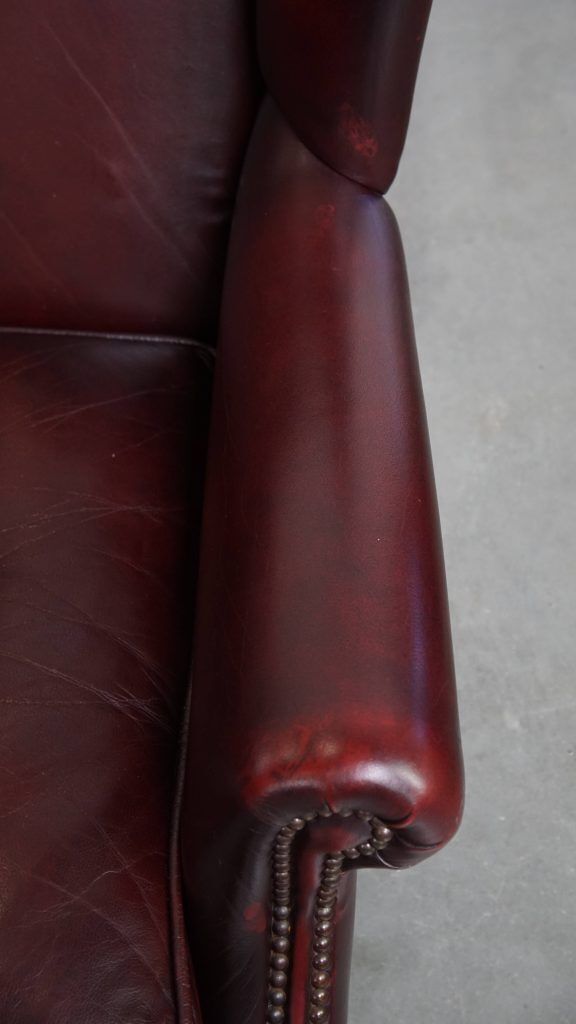 photo for sale Set Of 2 Beautiful And Comfortable Burgundy Red Cowhide Wing Chairs In English Style With A Beautiful Patina