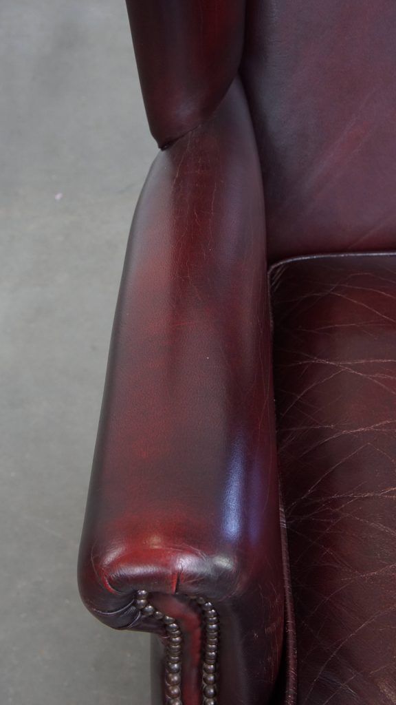 Charming And Comfortable Burgundy Red Cowhide Wing Chair In English Style With A Beautiful Patina photo buy