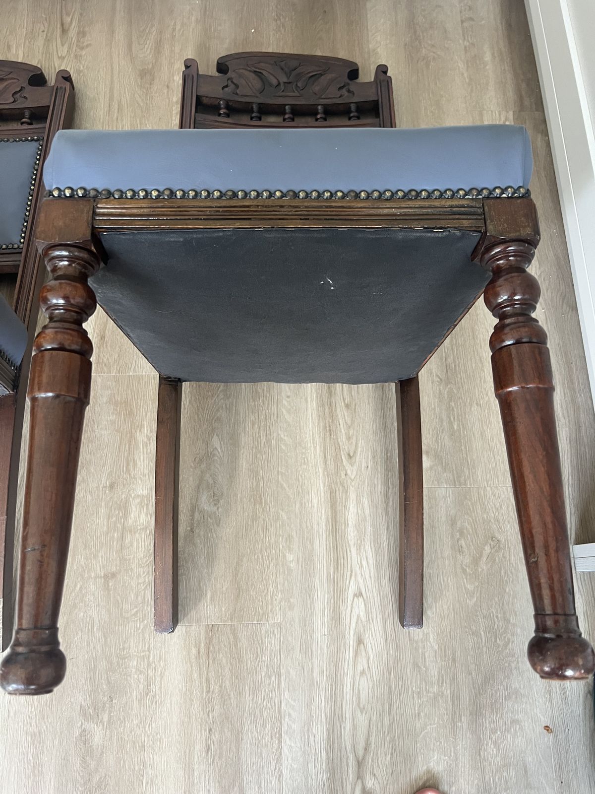 3 Edwardian Mahogany Dining Chairs, Reupholstered In Blue Leather. Can Split And Sell 1 Or 2. photo for sale