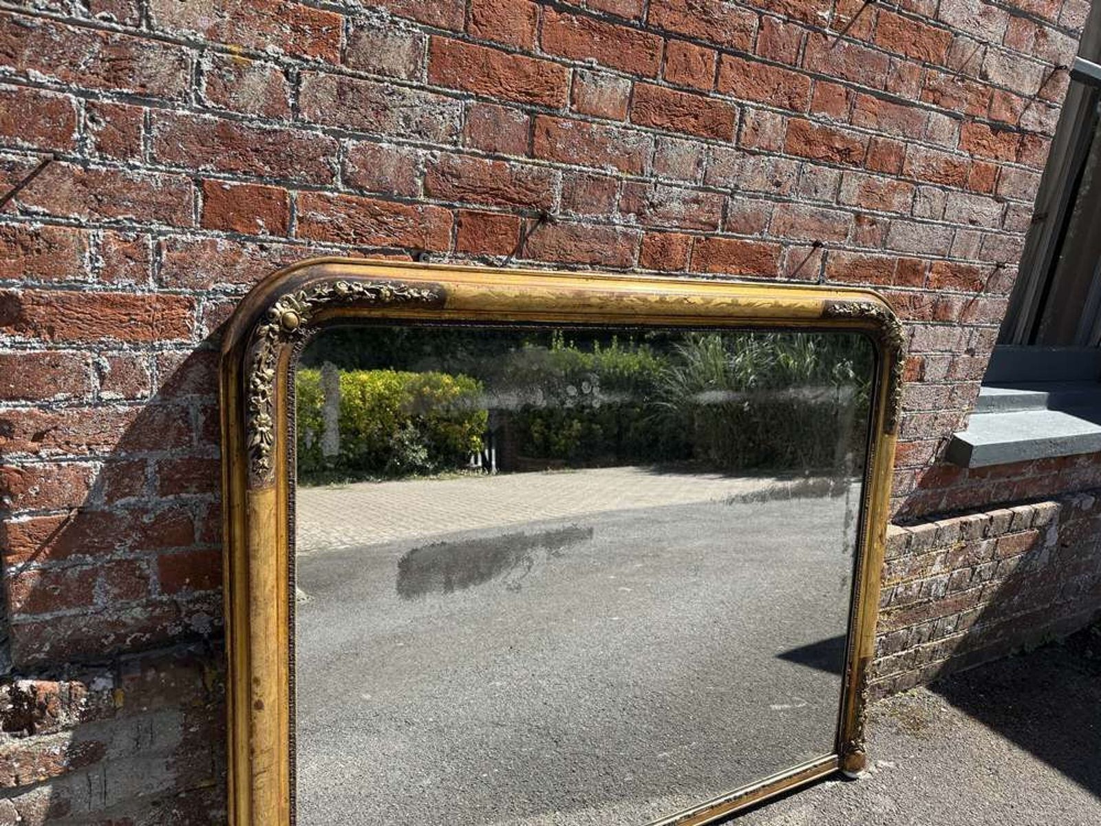 A Stunning Large Antique English 19th C Arched Top Etched Gilt Framed Overmantle Mirror. photo furniture