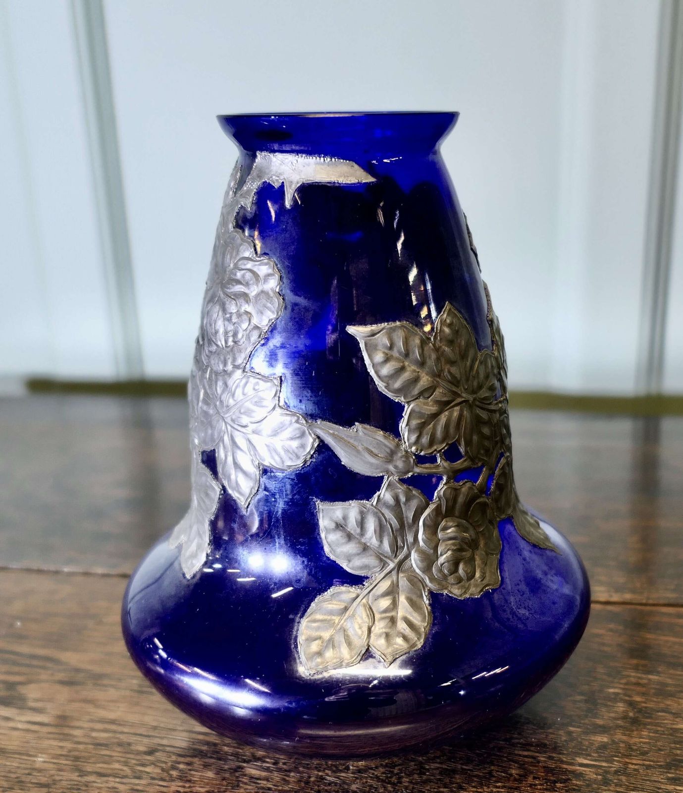 Art Nouveau Cobalt Blue Vase With Pewter Overlay photo for sale
