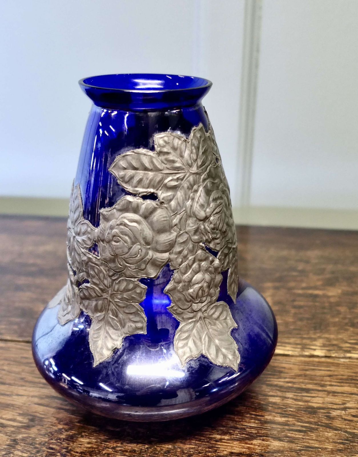 Art Nouveau Cobalt Blue Vase With Pewter Overlay photo Home Decor
