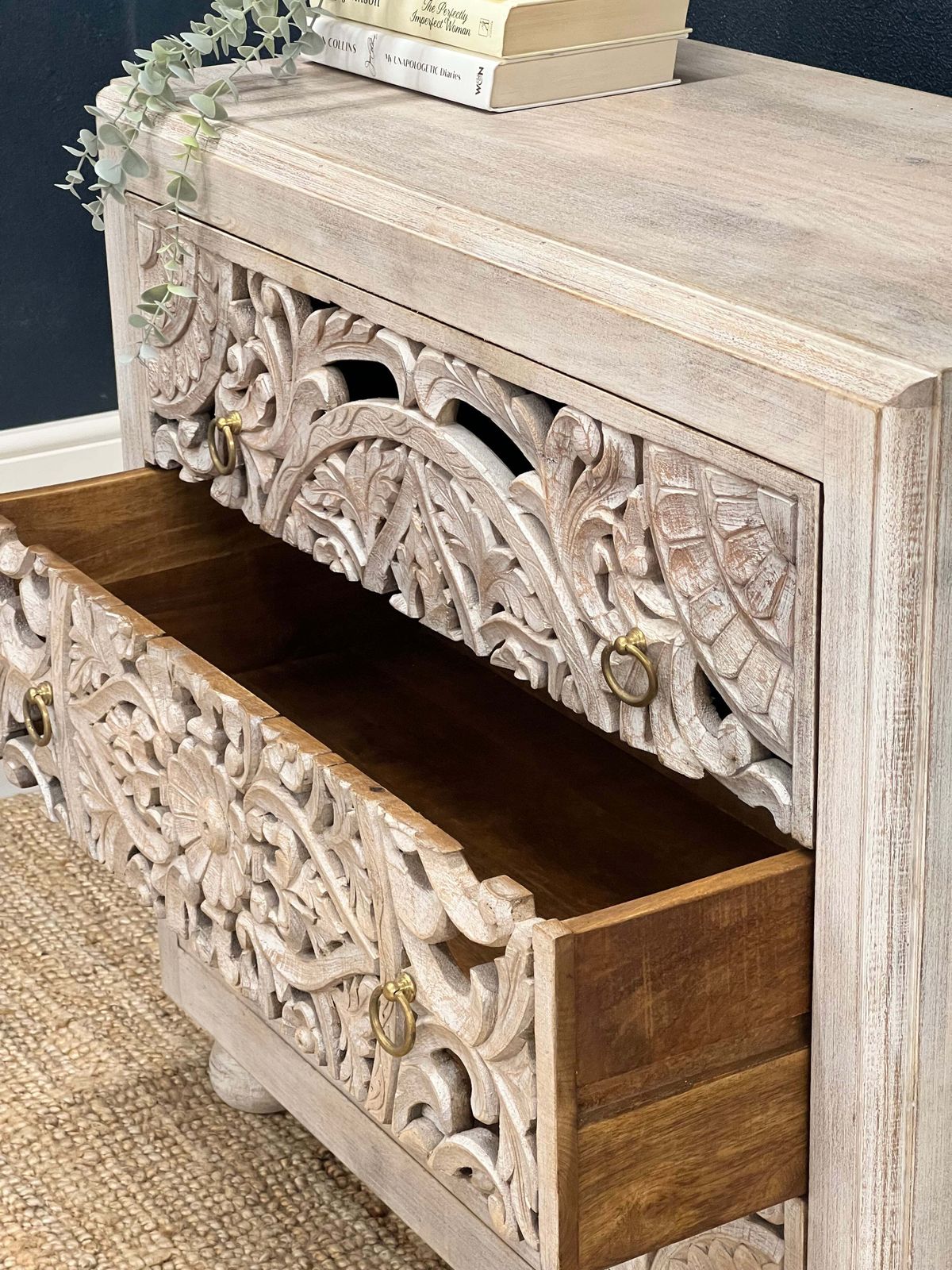 Hand Carved Whitewashed 3 Drawer Chest photo for sale
