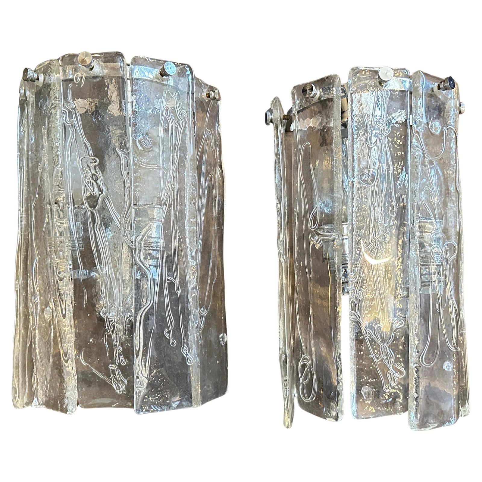 Two 1970s Space Age Murano Glass And Steel Wall Sconces By La Murrina