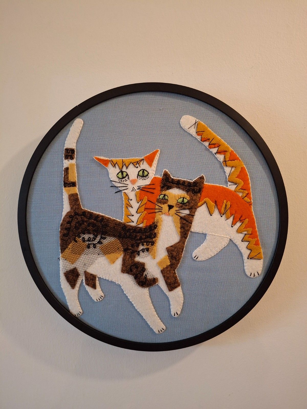 Fab Vintage Retro Framed Mcm 1970s Applique Crewel Embroidery Needlework Cats photo furniture