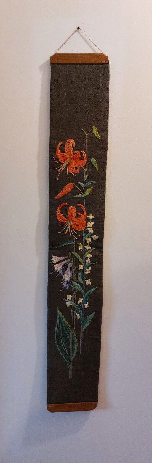 Fab Vintage Swedish Hanging Embroidery Wall Art Brown & Orange Martagon Lily