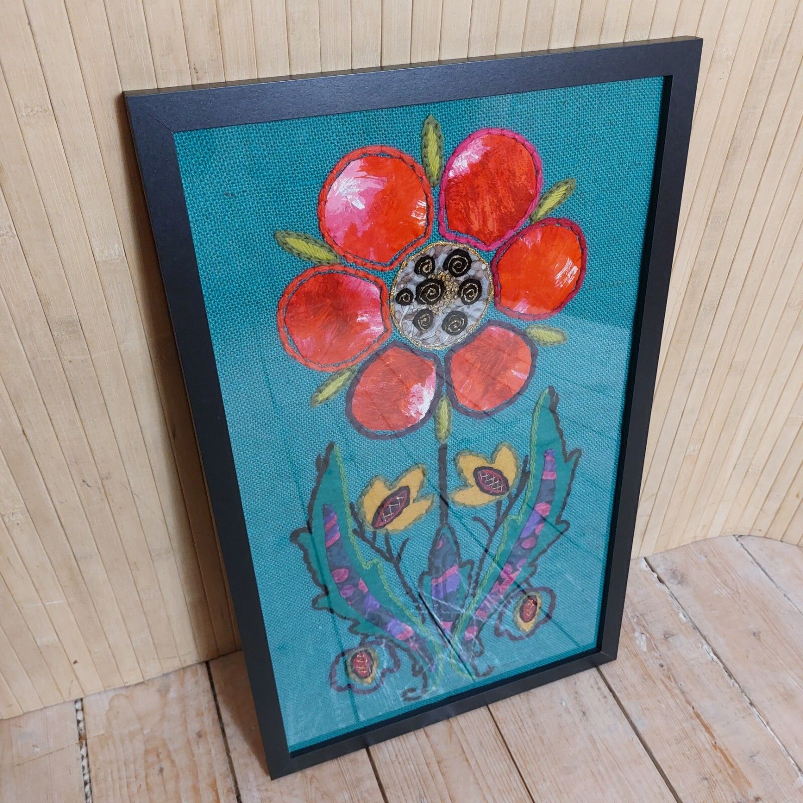 Fab Vintage Retro 60s 70s Embroidery Stitch Sewn Red Flower Wall Art Picture