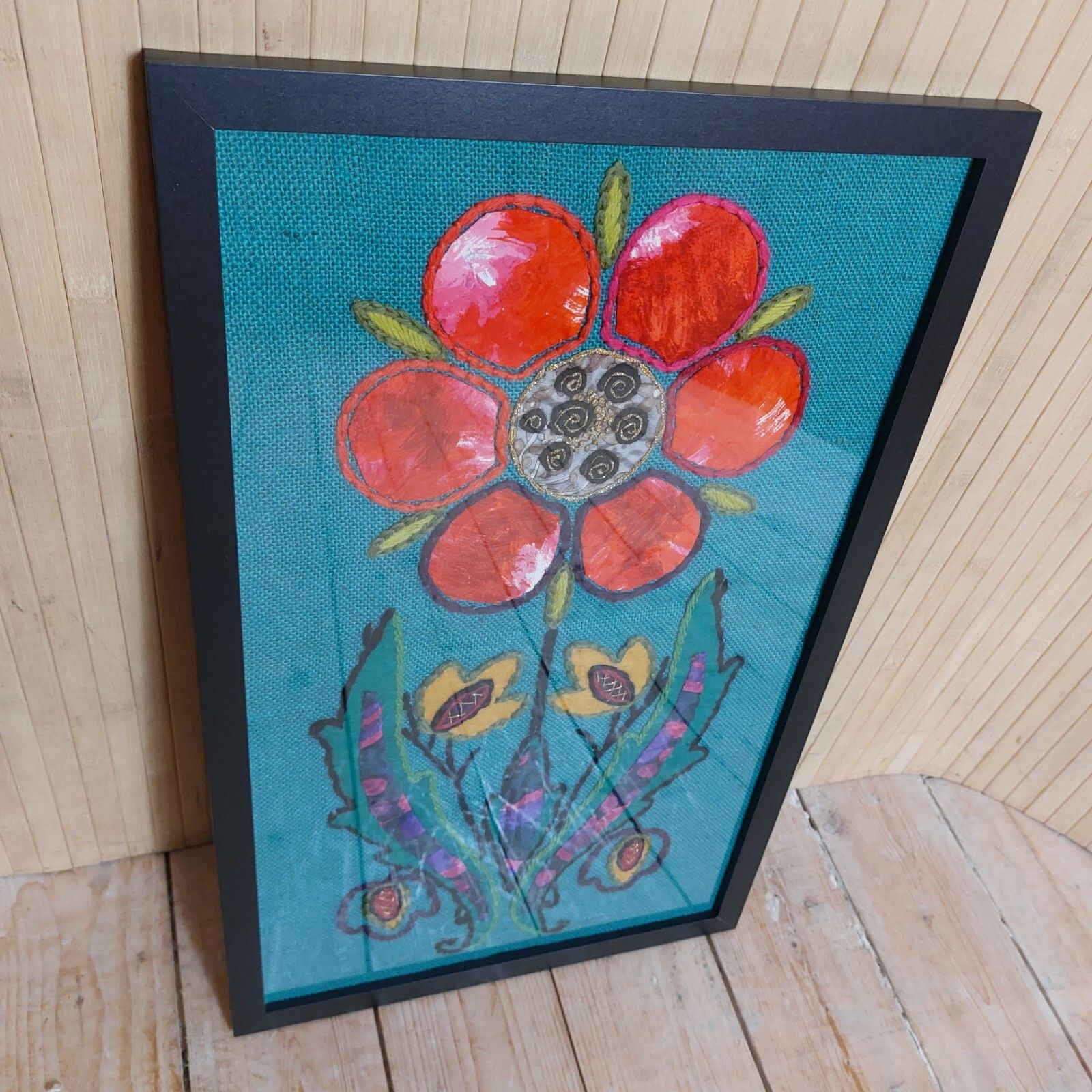 photo for sale Fab Vintage Retro 60s 70s Embroidery Stitch Sewn Red Flower Wall Art Picture