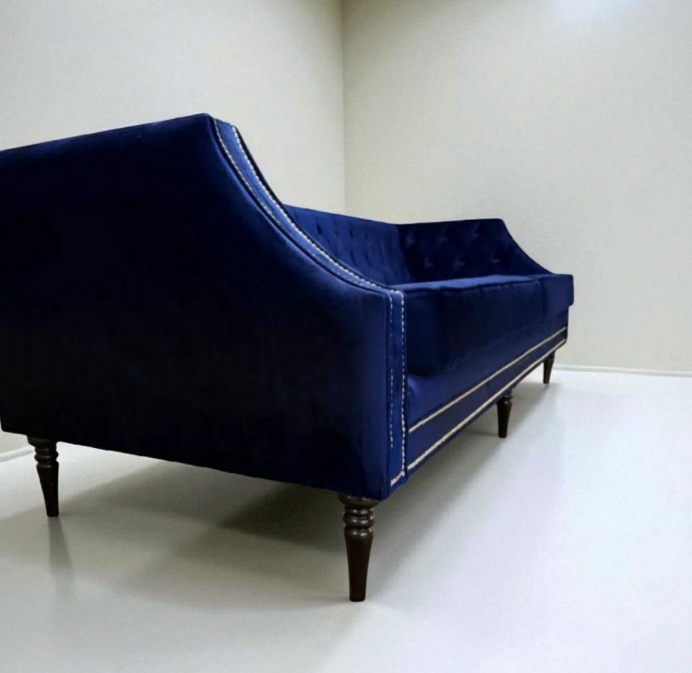 Beautiful Barely Used Large 4 Seater Sofa In Navy Blue Velvet Fabric photo 885.0