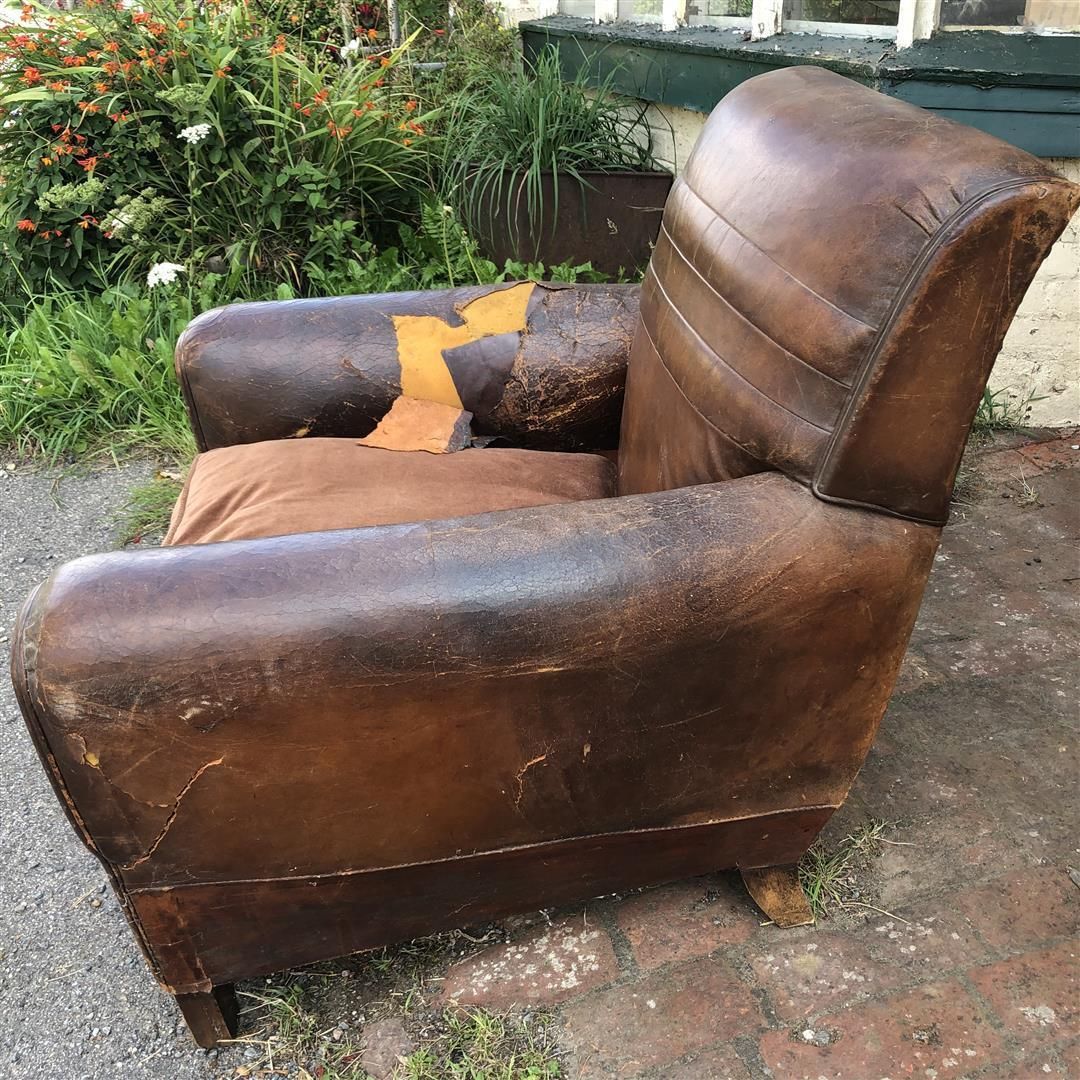Vintage French Leather Club Armchair Some Damage 1930s photo 195.0