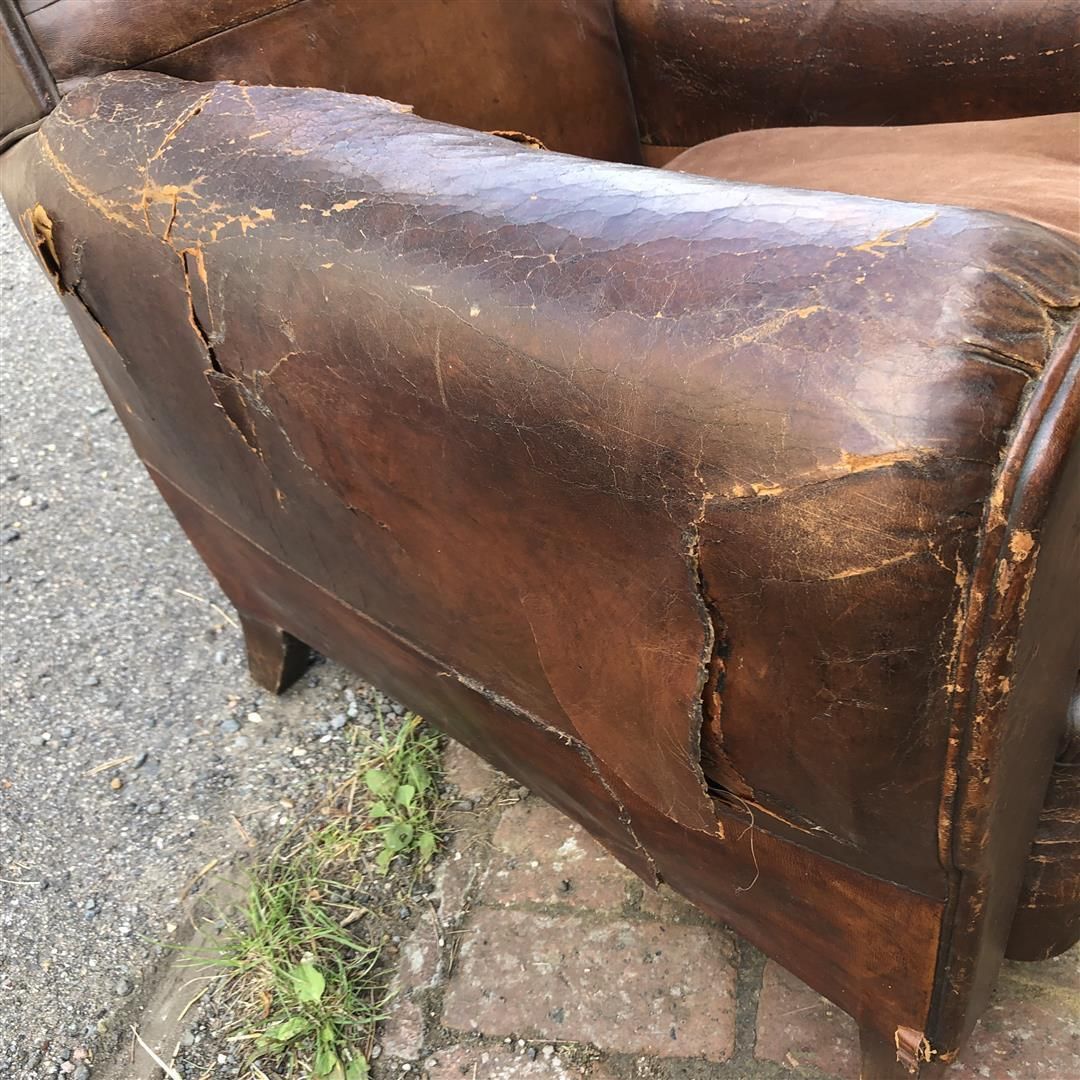 195.0 Vintage French Leather Club Armchair Some Damage 1930s photo