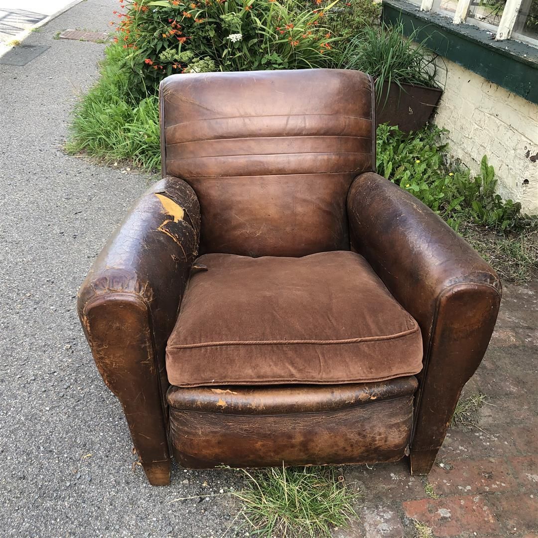 Vintage French Leather Club Armchair Some Damage 1930s