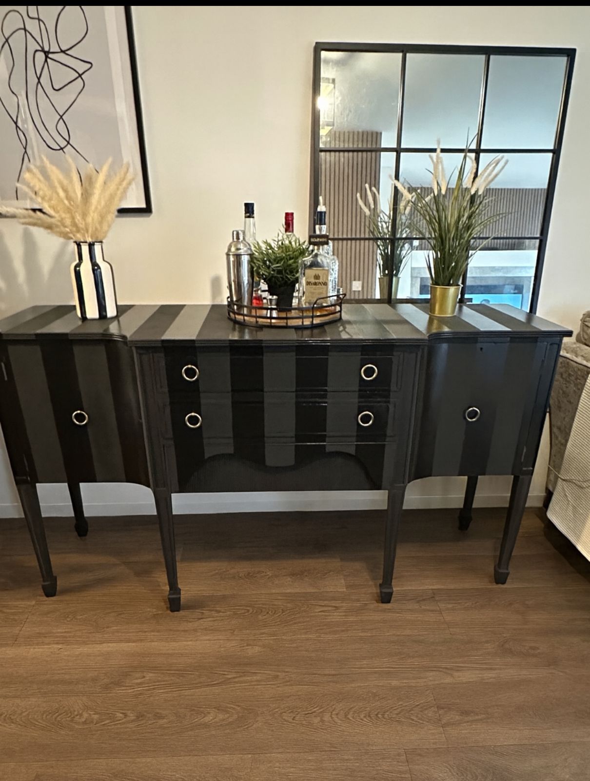 Vintage 1980’s Regency Elegant Sideboard Up Cycled In Gloss & Matt Black Stripes photo Furniture