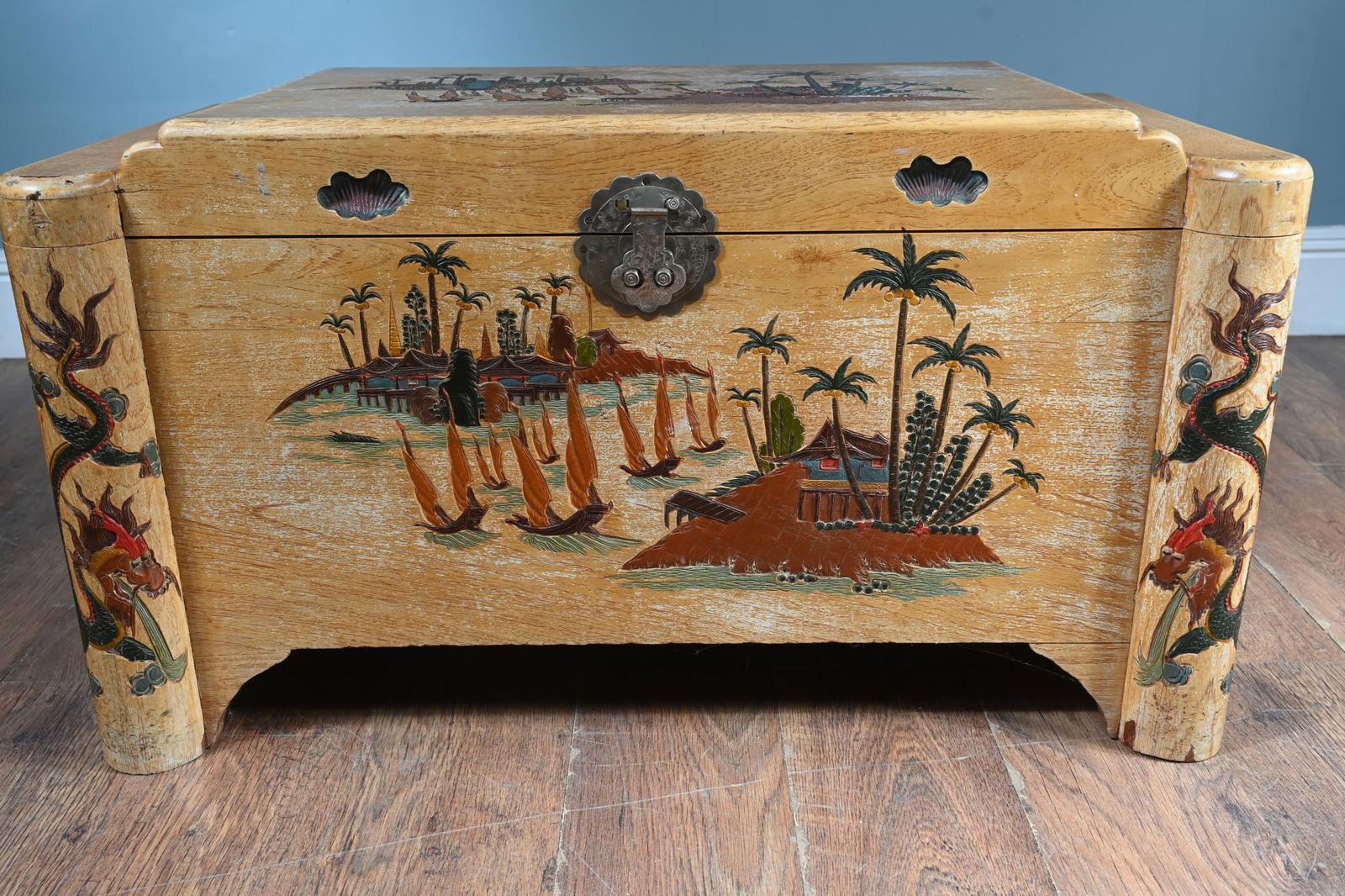 Antique Chinese Camphor Chest Luggage Box Painted 1910 photo for sale