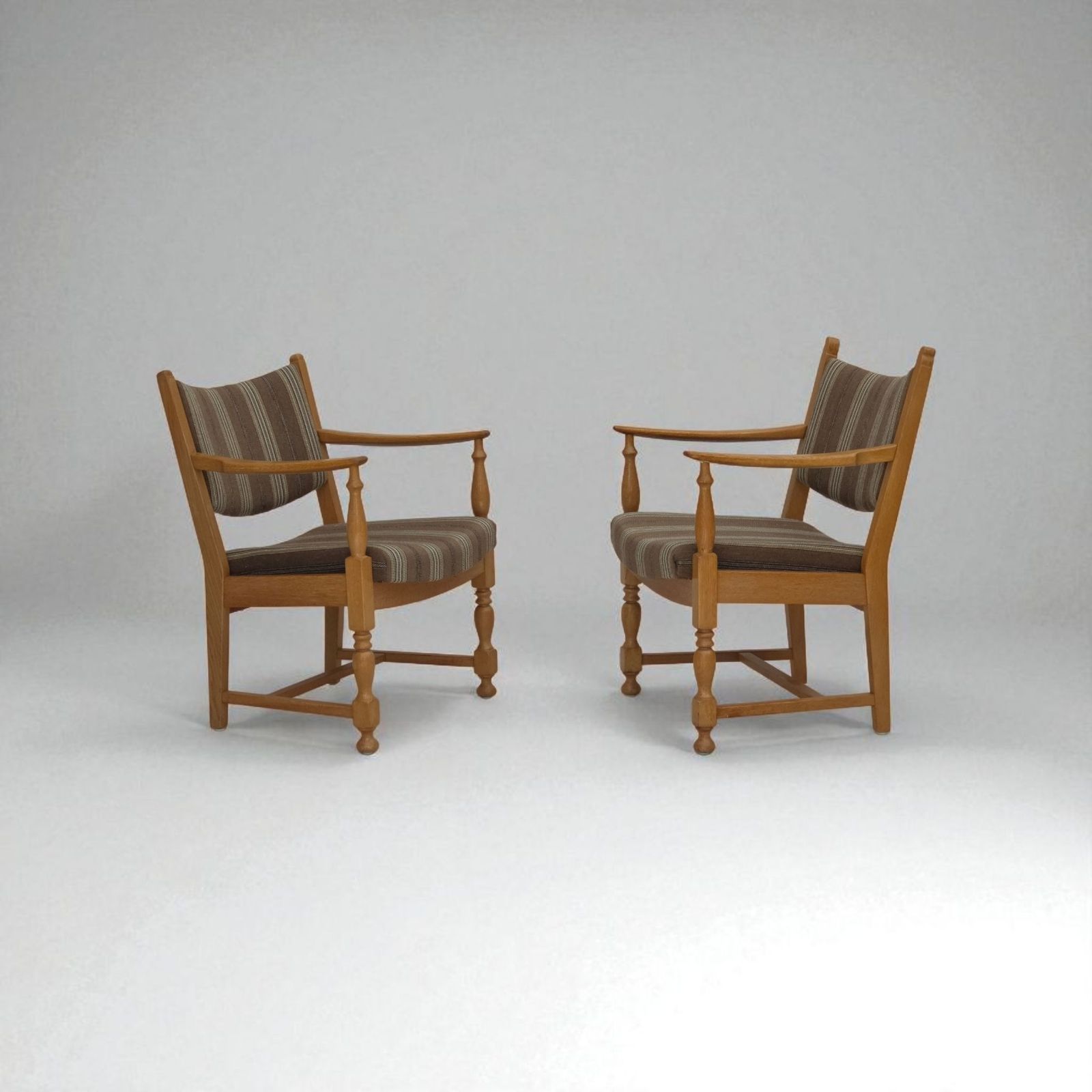 1970s, Pair Of Scandinavian Armchairs, Furniture Wool, Solid Oak Wood.